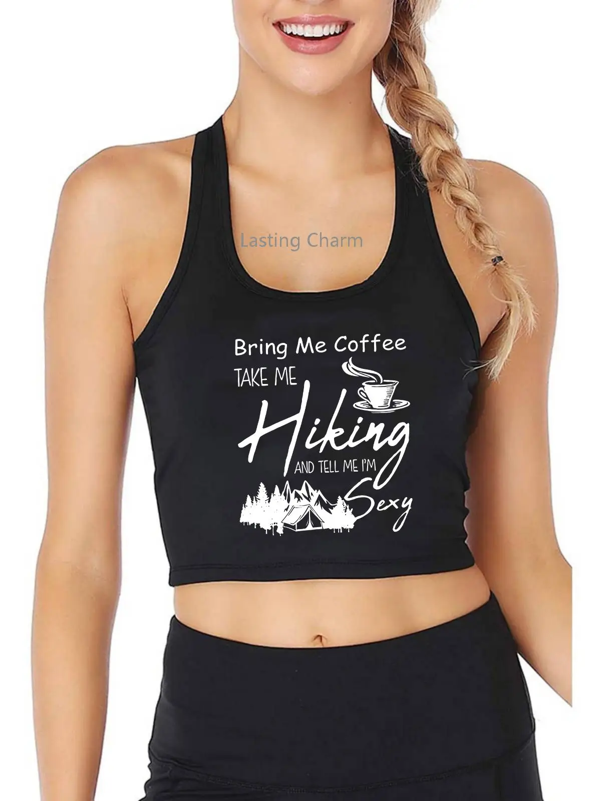 

Tank Top With Bring me coffee take me hiking and tell me I'm sexy print Women's Gym Yoga Sports Workout Crop Top