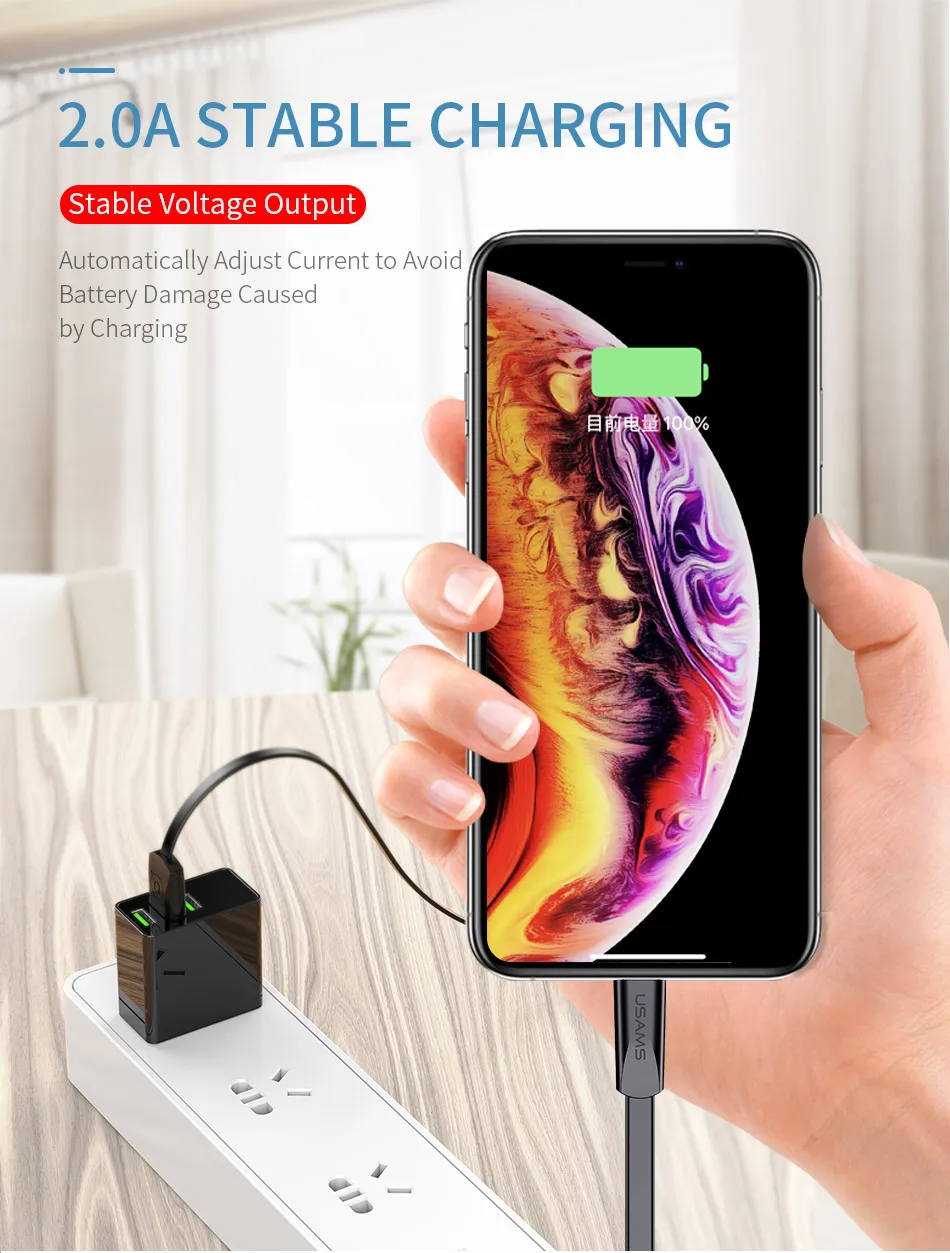 USAMS плоский USB кабель для iPhone 6 кабель 2A светильник кабель для iPhone X XS 8 7 6s 5S se 2 м кабель для мобильного телефона для iPad шнур для зарядки