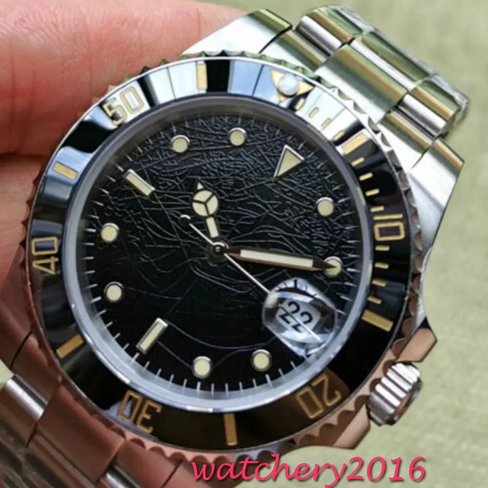 Мужские автоматические часы с черным стерильным циферблатом и сапфировым