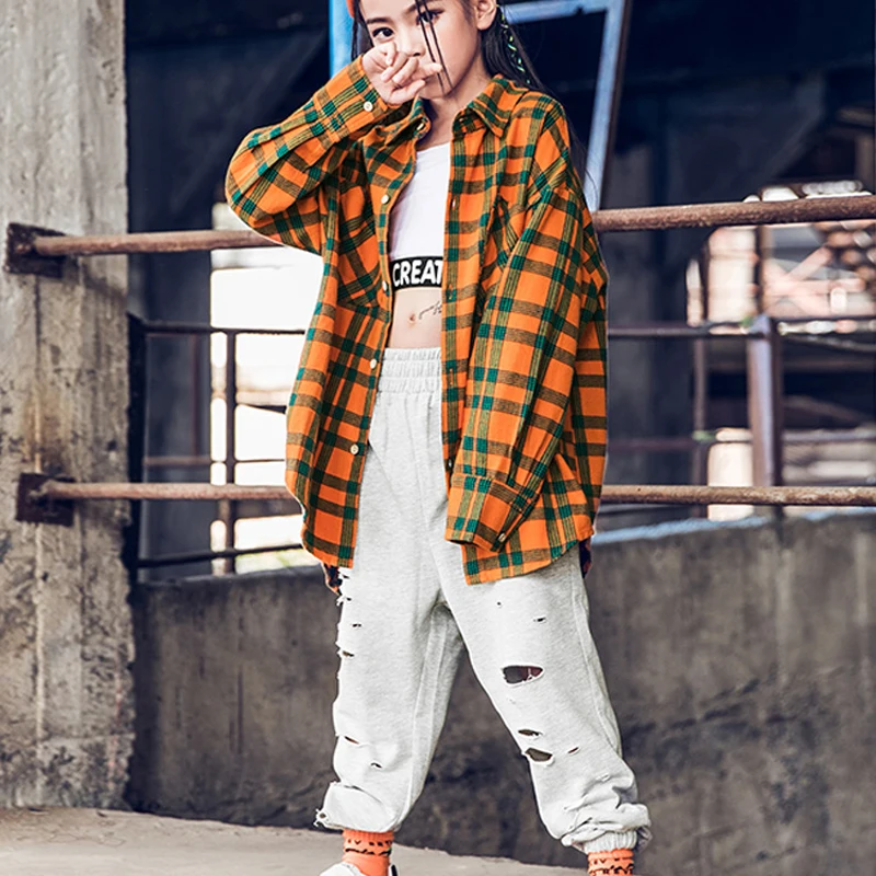 Детский костюм для уличных танцев клетчатая рубашка в стиле хип-хоп с длинными