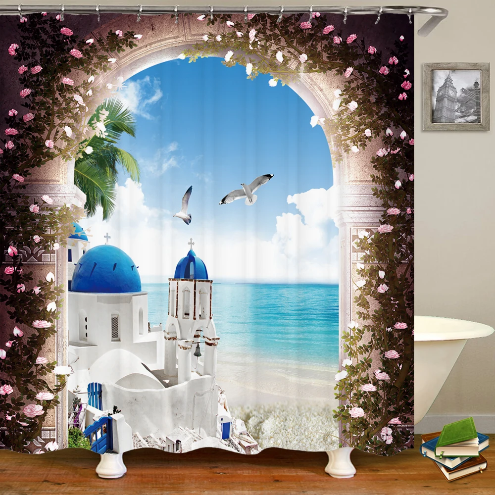 

3D sunny seaside outside the archway flower print bathroom shower curtain polyester waterproof home decoration curtain with hook