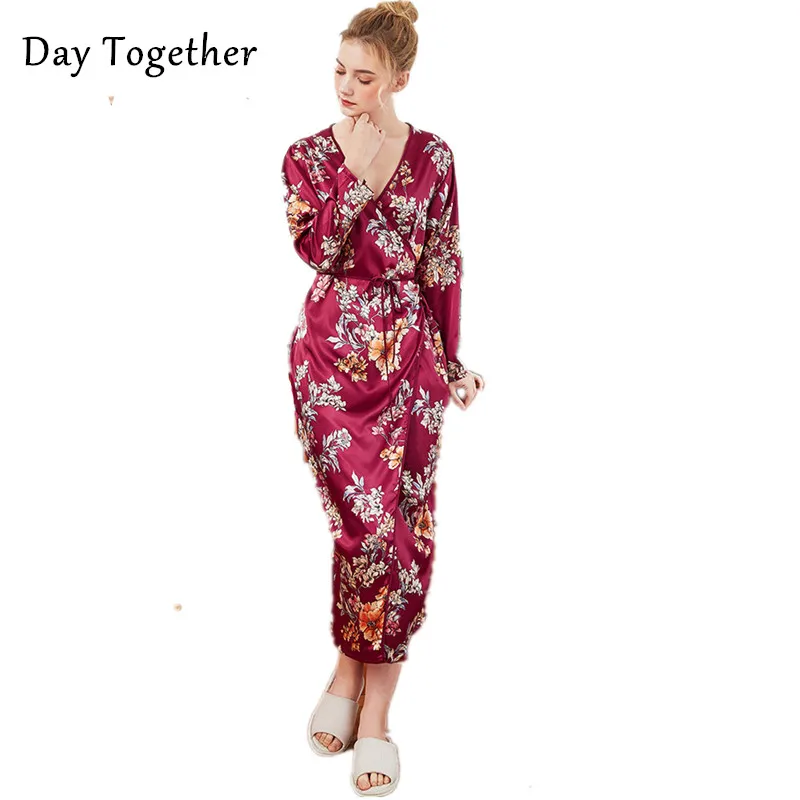 Атласный халат кимоно женский с длинными рукавами и цветочным принтом шелковый