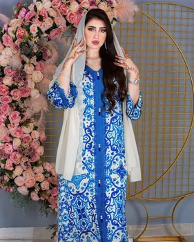 2021 Blue Flower Printed Robe Abaya Dubai Ramadan Middle Eastern Muslim Dress Abhaya Middle East Islamic Clothing Jilbab Abaya 2