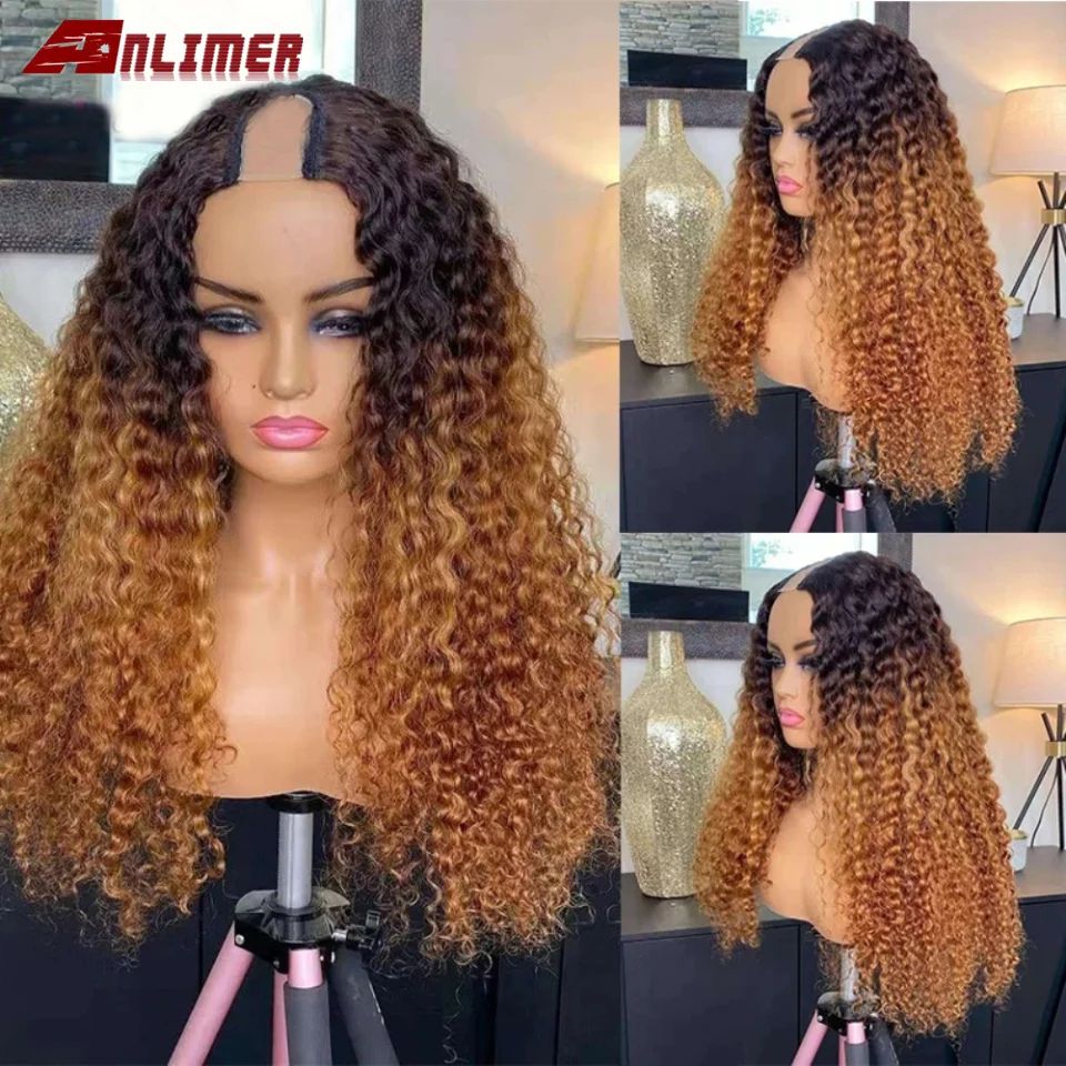 Ombre Blonde Human Hair Wig Kinky Curly 250% Density Malaysian Remy Glueless U Part Wig Deep Wave Middle Right Left Upart 1