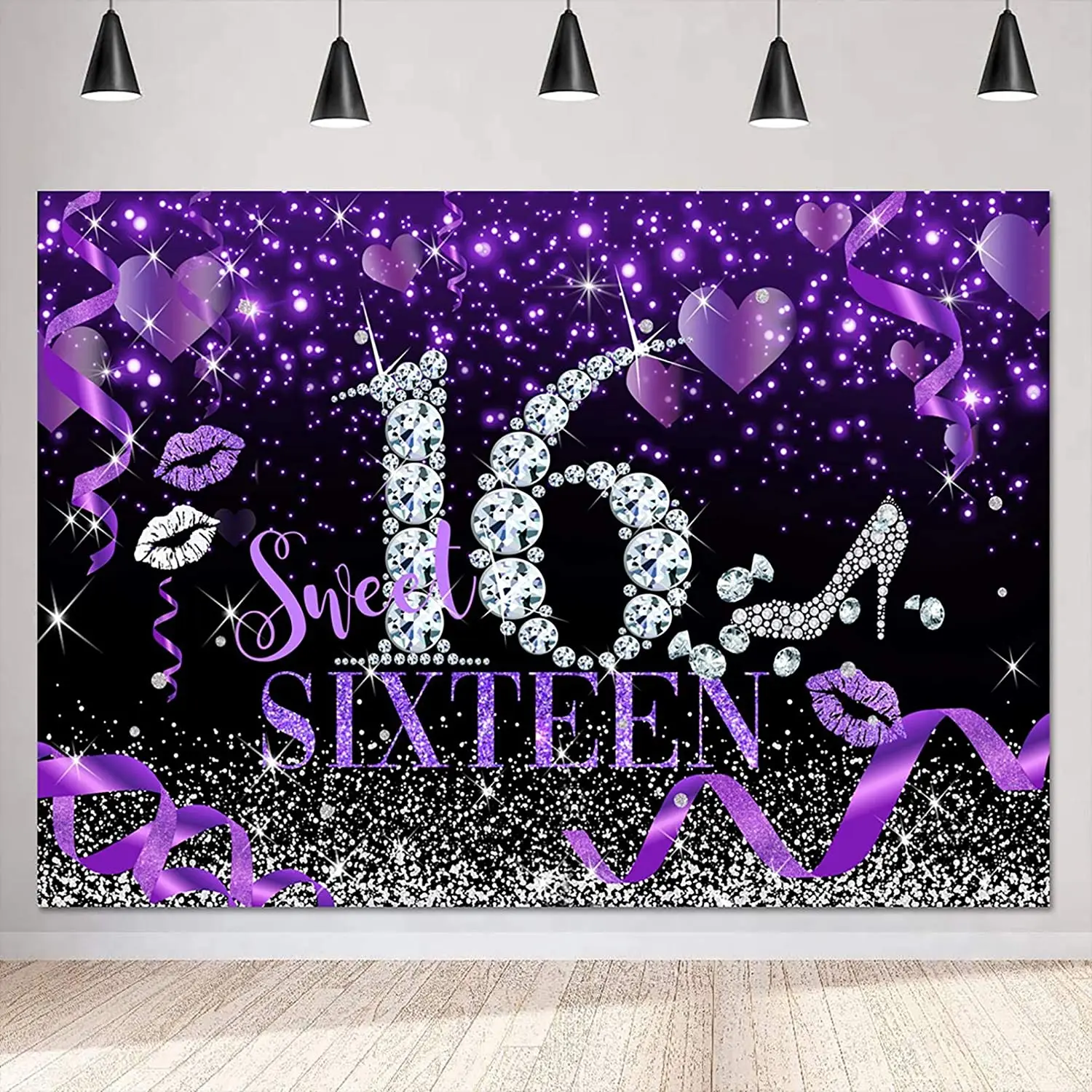 

Sweet 16 Silver Purple Bokeh Glitter Backdrop for Girls Happy 16th Birthday Party Decor Banner Diamonds Photography Background