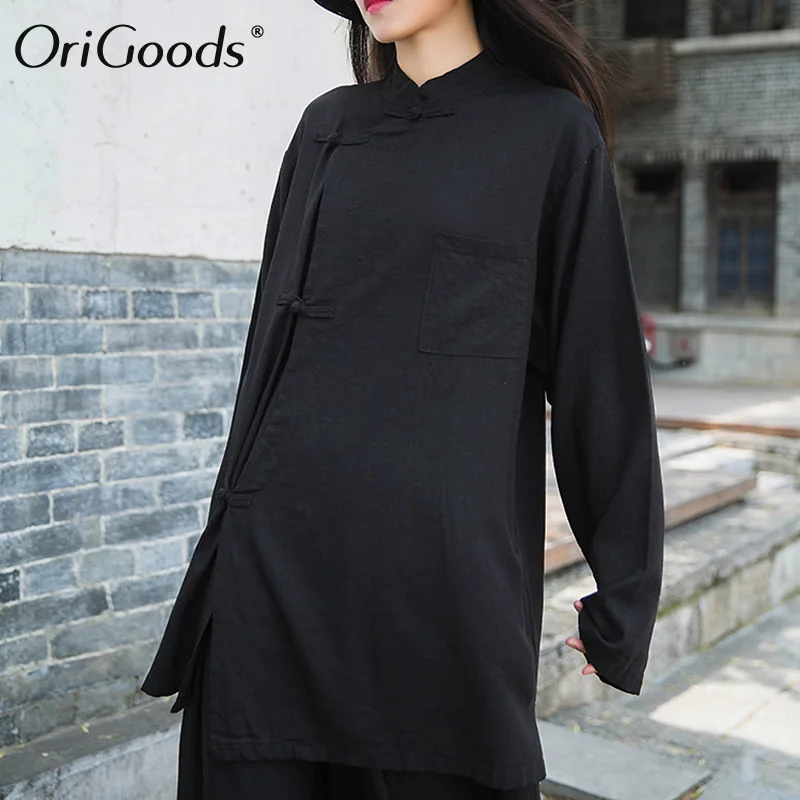 Оригинальная женская блузка с длинным рукавом в китайском стиле длинная рубашка