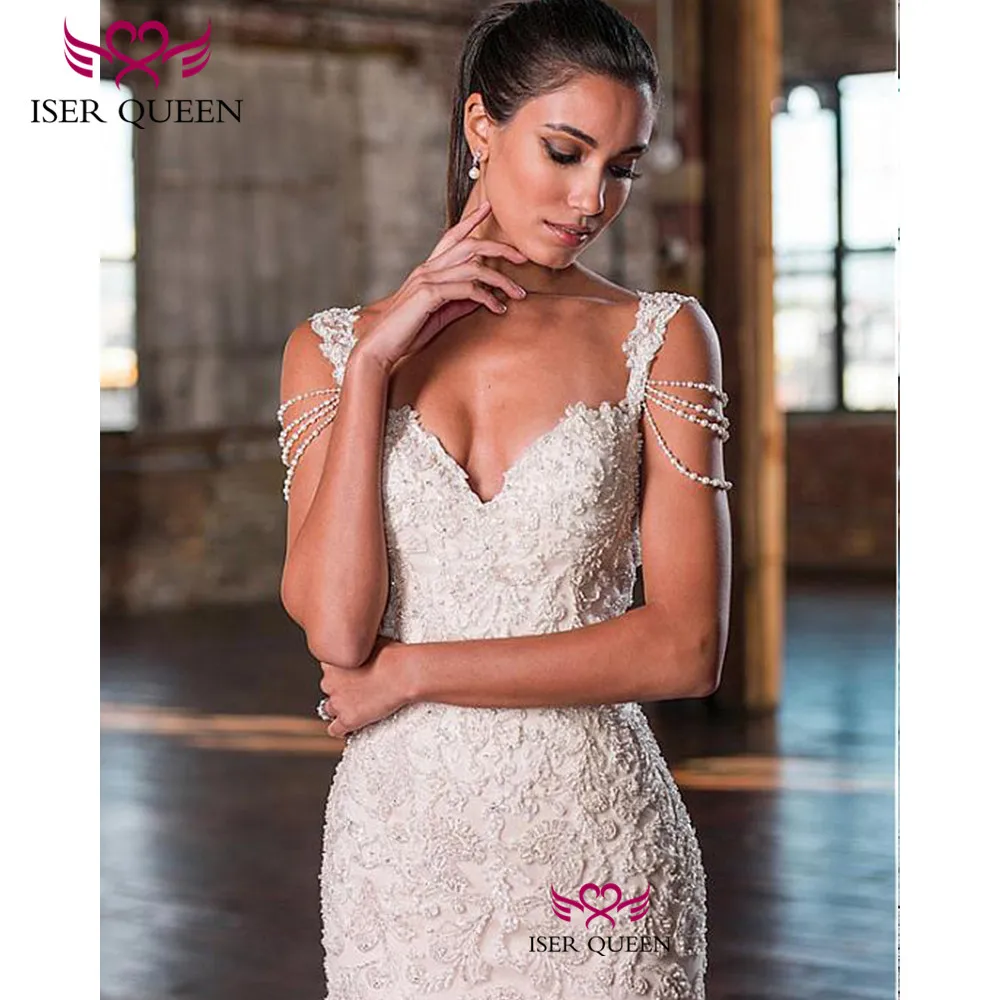 

Cap Sleeves Pearls and Beading Embroidery Mermaid Wedding Dresses Sexy Backless Button Champagne Vestidos De Novia W0676