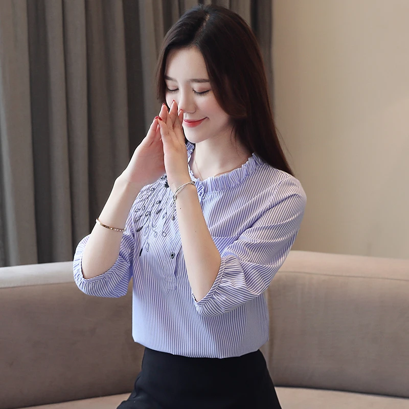 Blusas Mujer женские блузки 2021 вышитые полосатые рубашки 3/4 рукавами блуза из шифона с