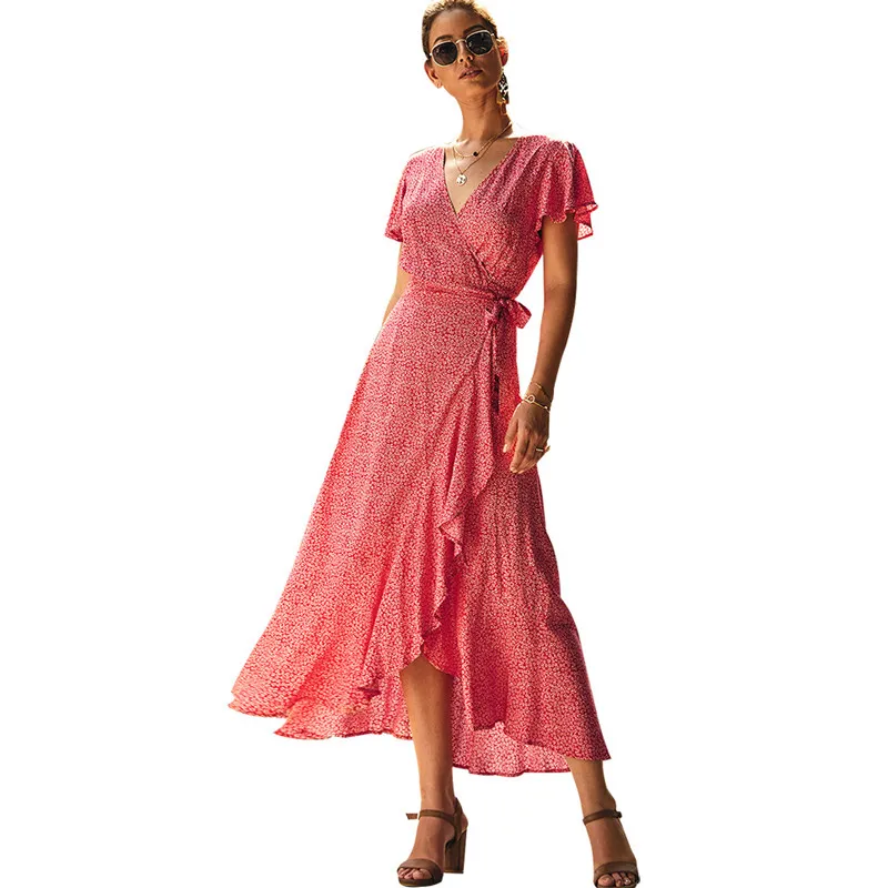 

2021 Summer Ladies Dress Short Sleeve V Neck Floral Bohemia Asymmetry Ruffle Floral Elegant Fashion Empire Sashes A Line Robe