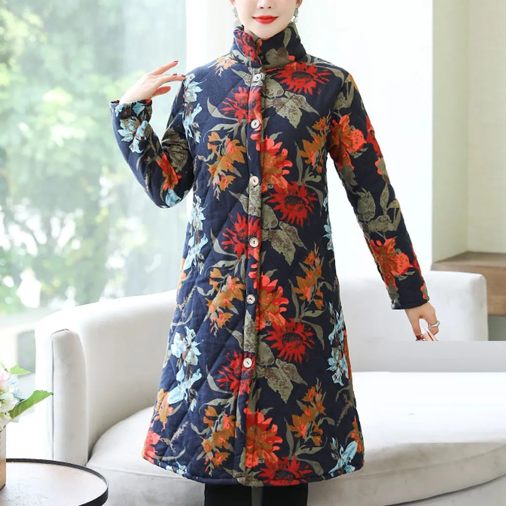 Новинка, зимняя женская куртка, плюс размер, 5xl, вельветовое пальто, женское, винтажное, с цветочным принтом, хлопок и лен, толстая, теплая, длинная парка#3