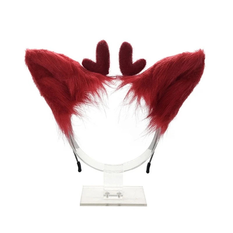 

Faux Fur Ears Plush Antler Headbands Adjustable Hairband Women's Lovely Hair Accessories for Christmas Party Costume