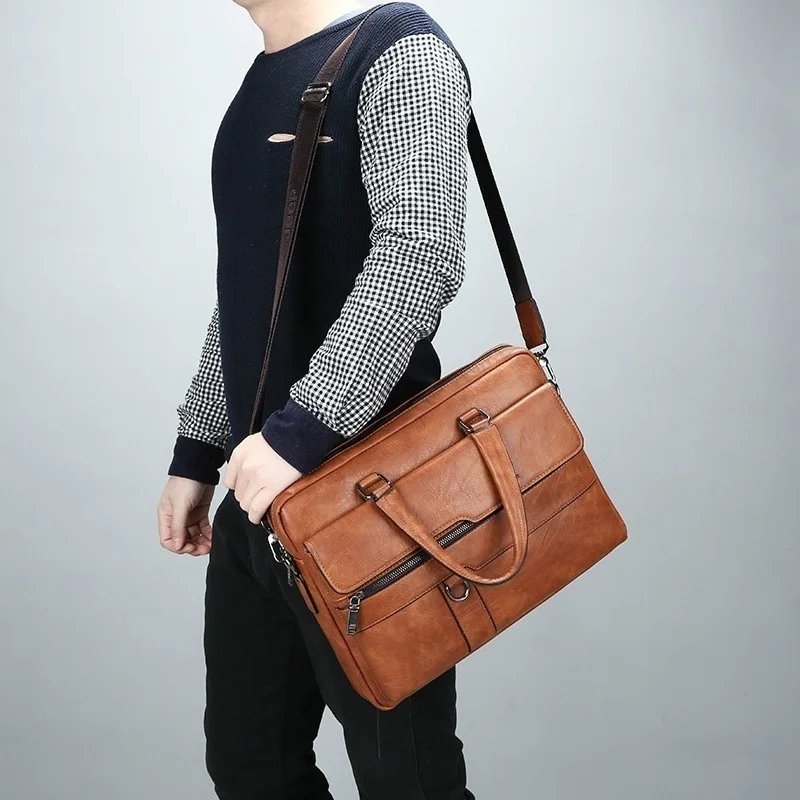 New Men Briefcase Bags Business Leather Shoulder Messenger Bags Man Work Handbag 14 Inch Laptop Bag Bolso Hombre Bolsa Masculina