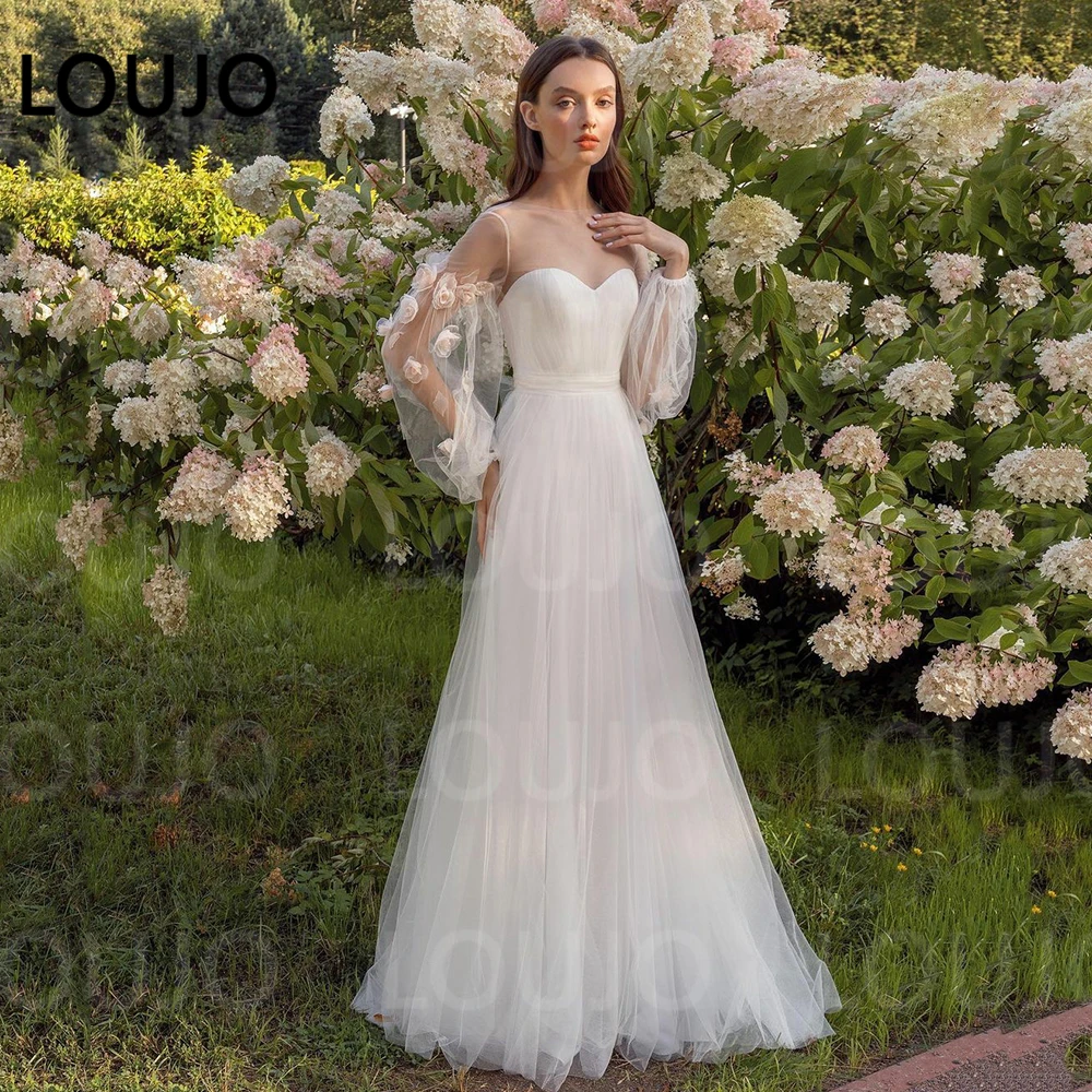 

LUOJO New Arrival Ivory Tulle Wedding Dresses Long Puffy Sleeves With Flowers Vestidos De Novia 2022 Sweetheart Bride Wedding