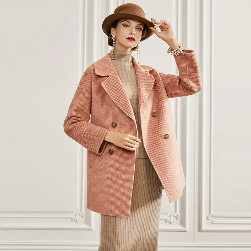 

SHZQ Fashion Pink Thousand Bird Check Double-sided Cashmere Coat Women's Winter 2021 New Alpaca Wool Coat