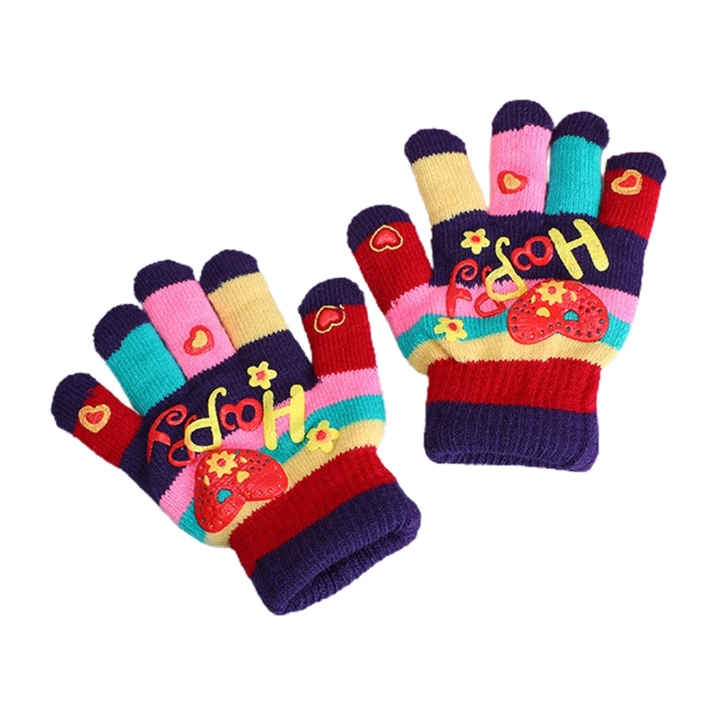 

Kids Winter Knitted Full Finger Gloves Colorful Heart Print Plush Lined Mittens