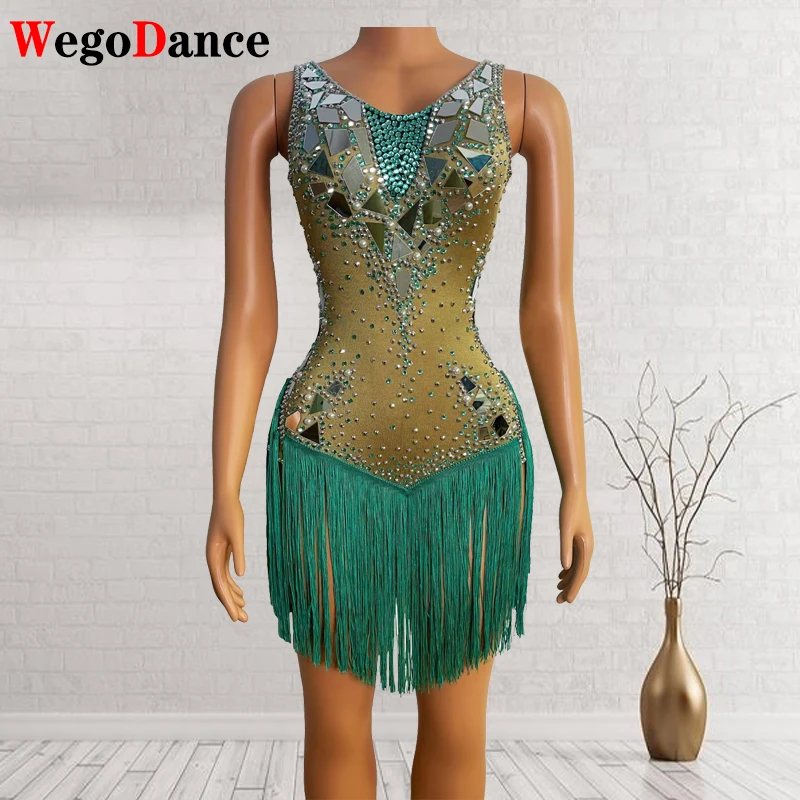 

Green Fringes Rhinestones Mirrors Dress Women Birthday Celebrate Stretch Spandex Tassels Dance Bodysuit Singer Latin Dresses
