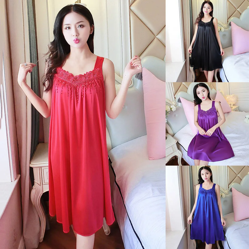 

Casual Solid Nightdress Ladies Lounge Loose Sleepwear Sleeveless O -Neck Nightgown Embroidered Suspender Nightie Babydoll Gown