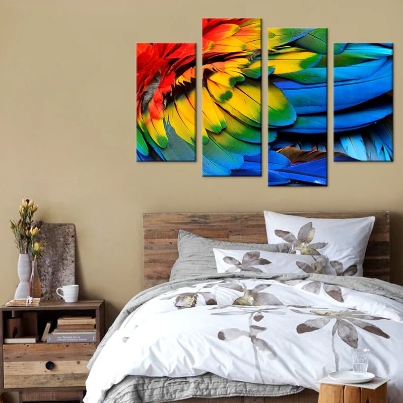 

Animal Canvas Painting Colorful Bird Feather Wave Wall Art Poster 4 Pieces Beautiful Feather HD Print Modern Wall Decor Picture