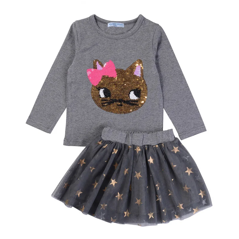 gray BTZ238-13 Humor Bear/новая осенняя одежда для маленьких девочек комплекты одежды для девочек футболка с длинными рукавами и рисунком кота из пайеток+ юбка со звездами повседневные костюмы для девочек из 2 предметов - Цвет: gray BTZ238-13