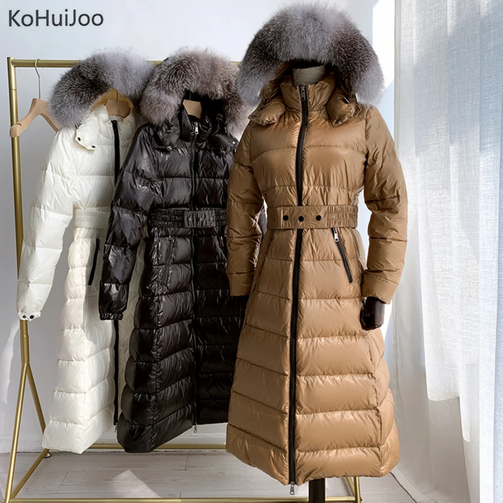 KoHuiJoo женский пуховик зимний натуральный Лисий мех с капюшоном X Long парки размера