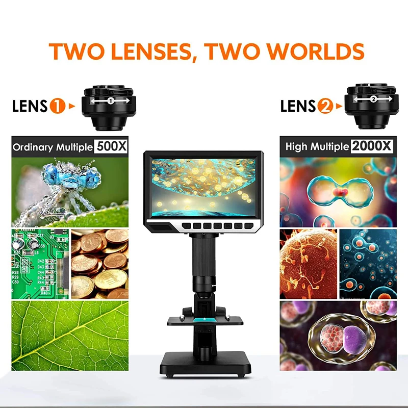 Цифровой микроскоп с ЖК-дисплеем 7 дюймов микроскопы двойным объективом 2000X