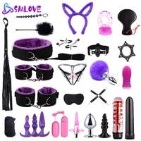 smlove sex toys for women men handcuffs nipple clamps whip spanking sex silicone metal anal plug butt bdsm adult bondage set