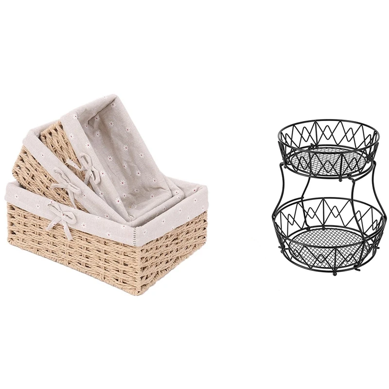 

1x многоярусные чаши для хранения фруктов, оранжевого цвета и 3 шт. корзин для хранения ручной работы из ротанга S M L