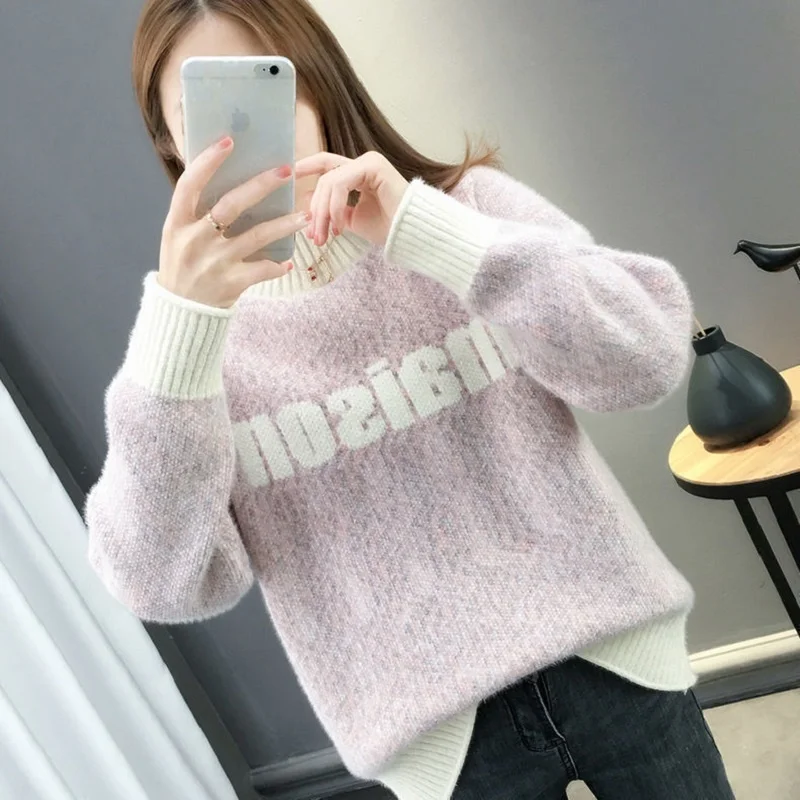 

Autumn Winter Korean Thick Half High Collar Sweater Women Pullover Jumpers Ladies Letter Patchwork Faux Mink Cashmere Top Female