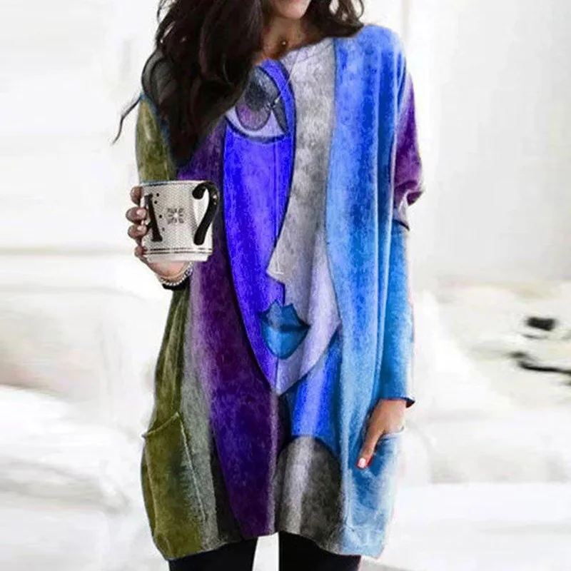 

Women Vintage Abstract Print Pocket Long Blouse Elegant O-Neck Loose Tops Blusa Fashion Casual Long Sleeve Female Shirt Pullover