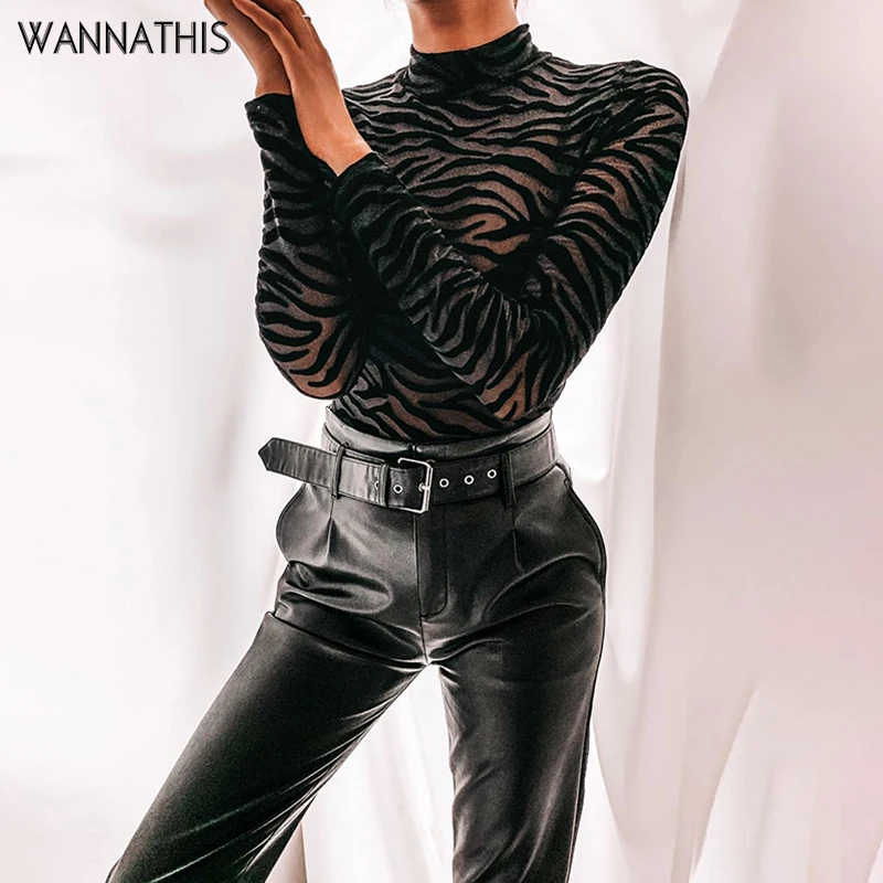 WannaThis сексуальный сетчатый боди в полоску с длинным рукавом ложный вырез