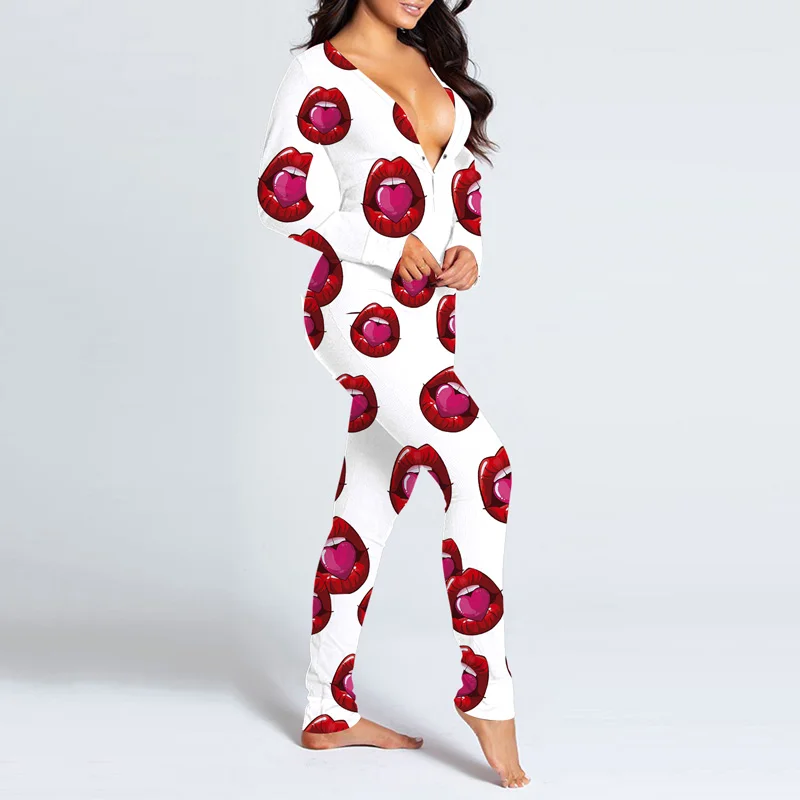 

Deep V-neck Button Lounge Jumpsuit Sleepwear Valentine's Day Sexy Women's Pajamas Print Cutout Functional Buttoned Flap Rompers