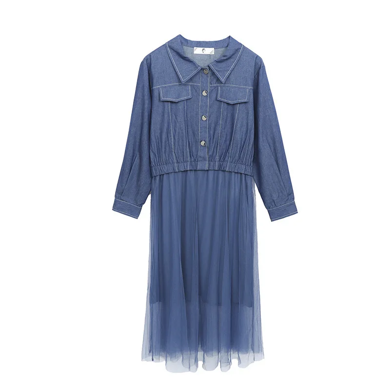 Женское джинсовое платье с длинным рукавом элегантное Сетчатое средней длины