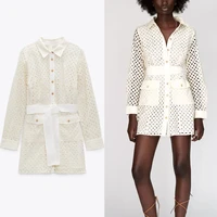 2021 summer cutwork embroidery za dress women long sleeve pleat belted shirtdress button up openwork embroidered mini dresses
