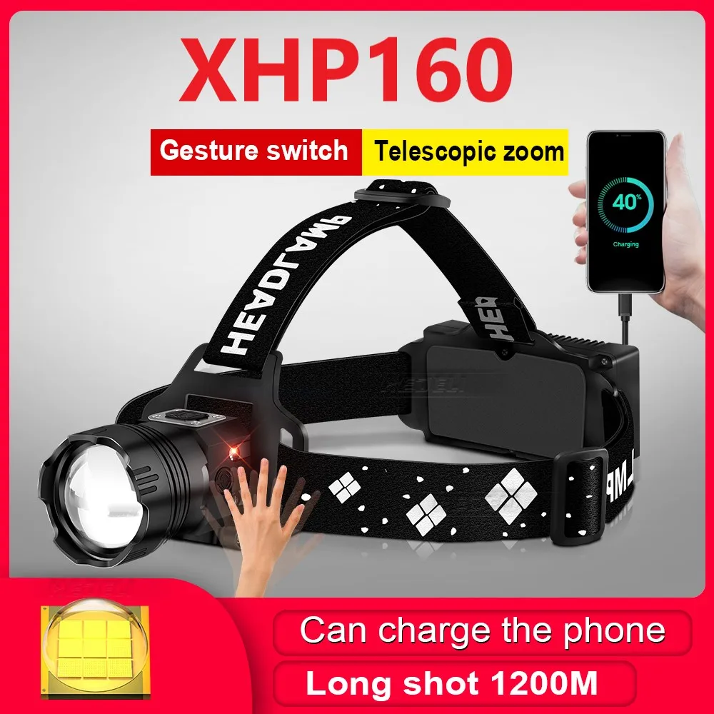 

2021 новый модернизированный светодиодный налобный фонарь XHP160 с ИК-датчиком мощности 18650 перезаряжаемый налобный фонарь XHP90.2 Мощный светодио...
