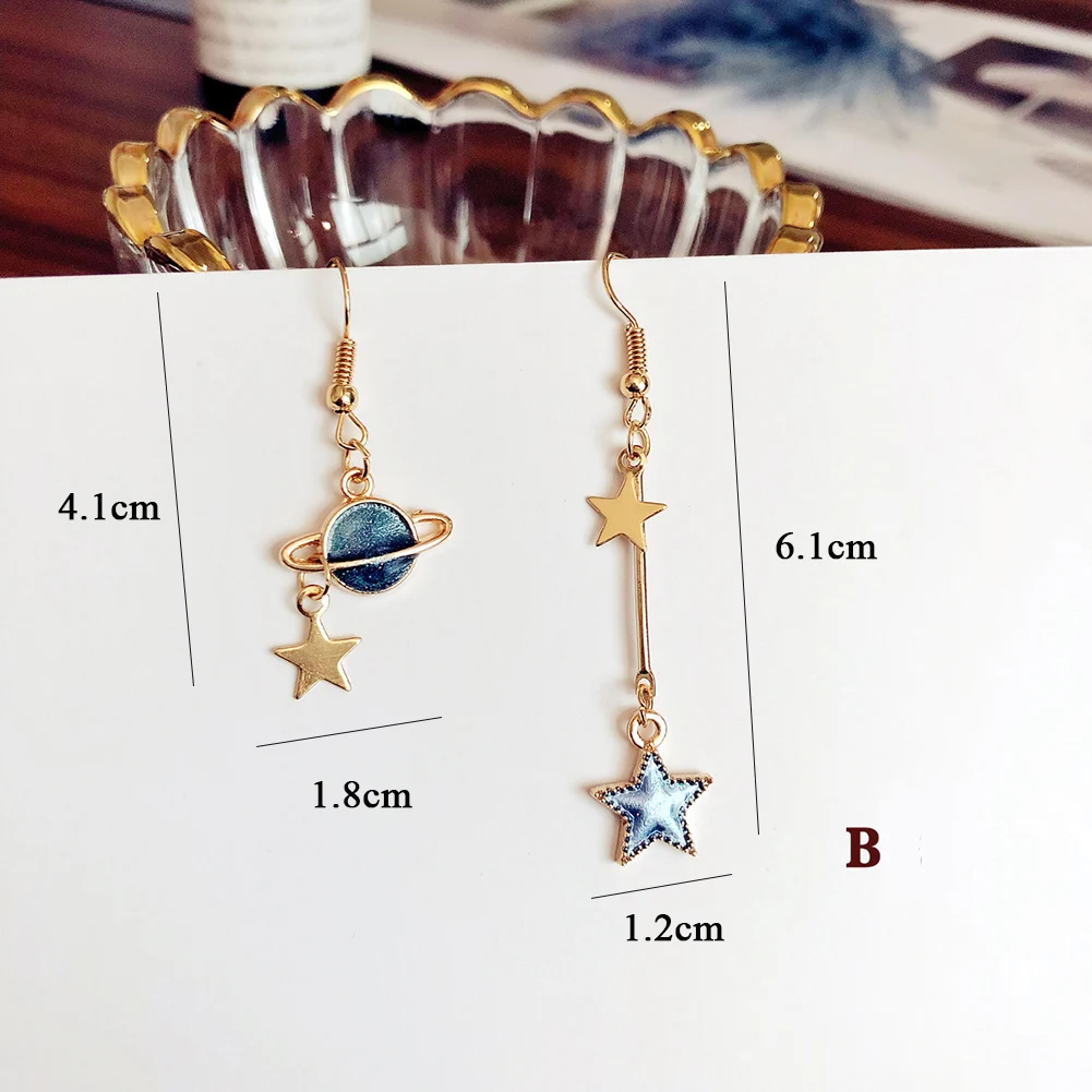 

Creative Blue Universe Asymmetric Long Earrings For Women Girl Cute Moon Star Planet Drop Pendientes Tassel Dangle Brincos