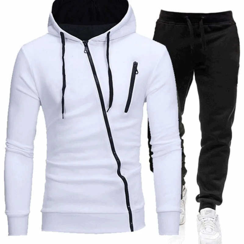 

New Men's Spring Autumn Hoodie Suit Slant Zipper Patchwork Color Hat Drawstring Belt Sports Sweater+Jogger Track Pants Suit Hots