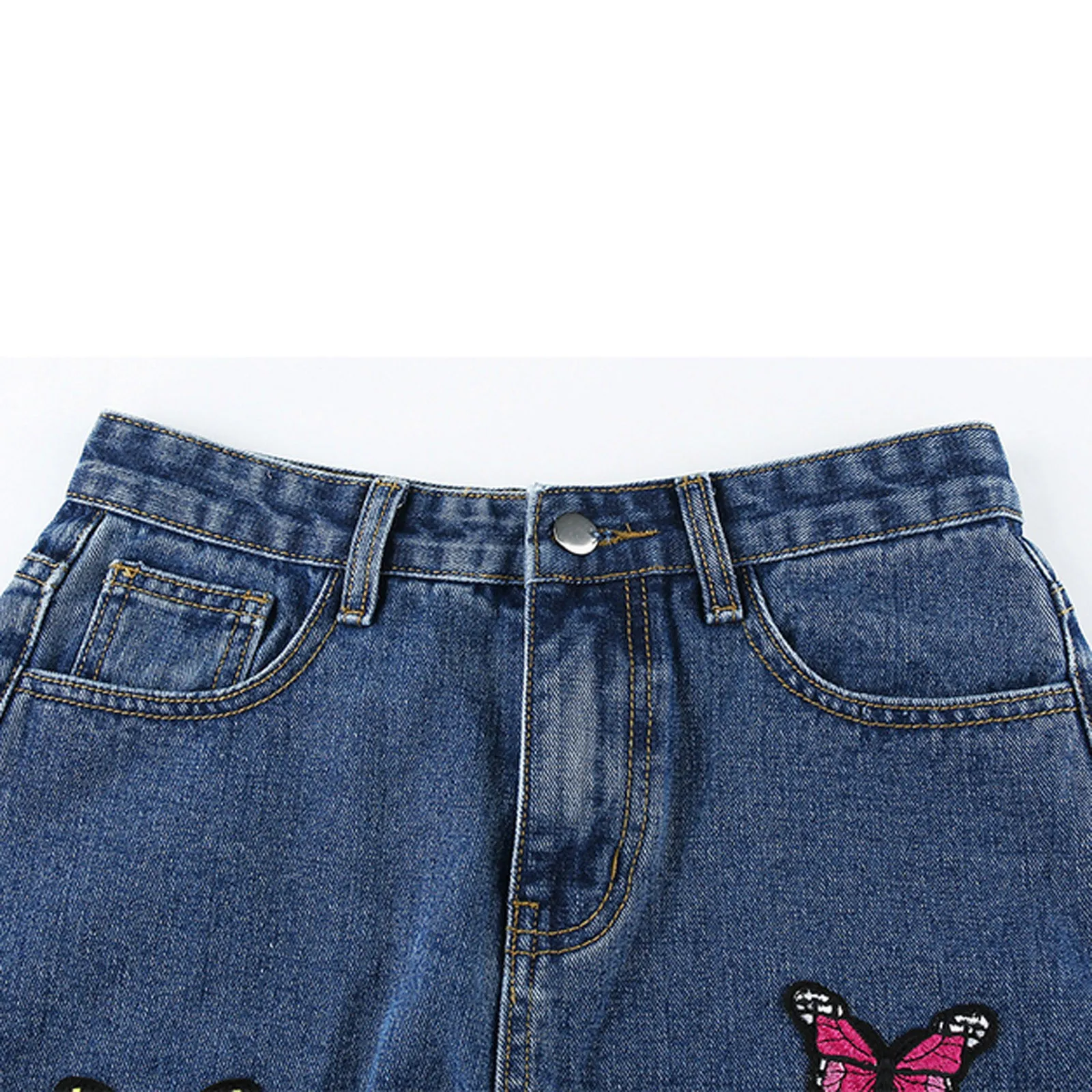 

Streetwear Women Woman Jeans Denim Shorts Women Jungfrau Style High Waist And Slim Butterfly Embroidered Straight Jeans