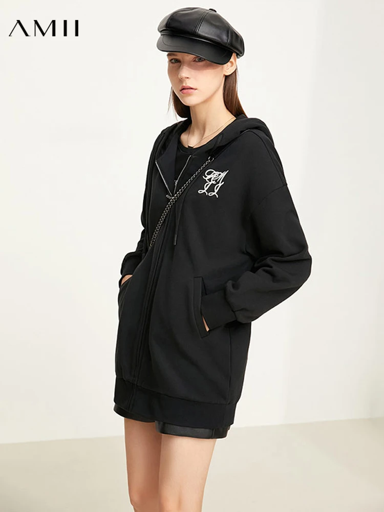 

Amii Minimalism Winter Jacket For Women Streetwear Embroidery Hooded Jacket Black Hooded Zipper Overcoat Female Outwear 12120387
