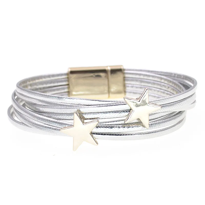 WELLMORE кожаные браслеты для женщин Простые звезды Многослойные широкий браслет