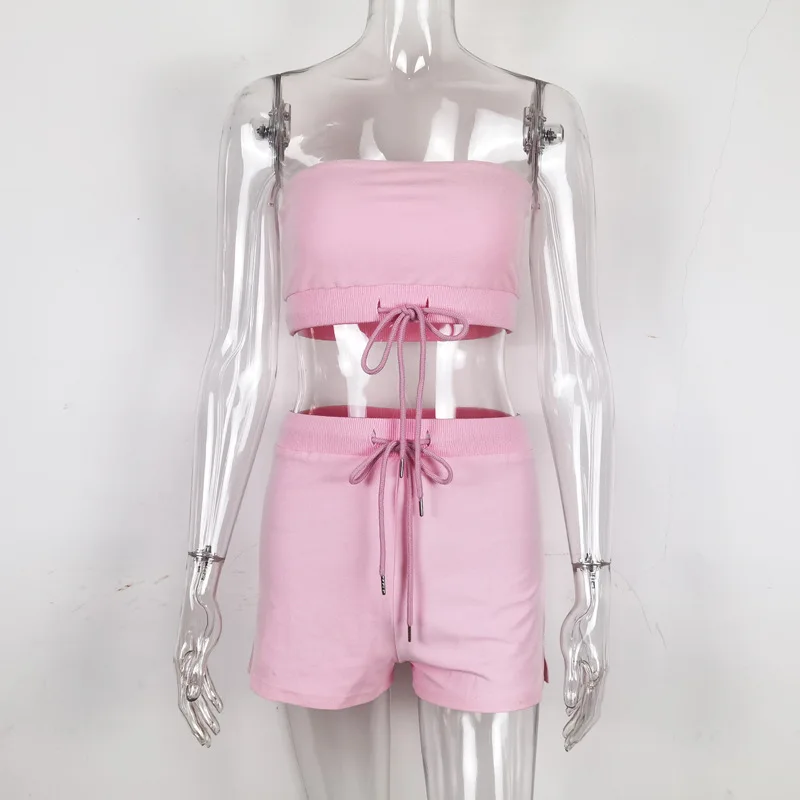 

SeeBest Women Casual Cotton 2 Pcs Set Romper Jumpsuit Strapless Strapless Bow Rompers Sets Comfy Homewear Loungewear 2020 Summer