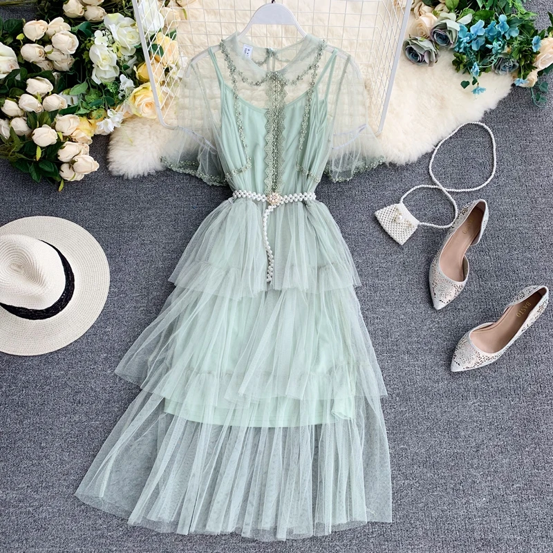 Little fairy design sense dress female summer doll collar beaded short-sleeved layered ruffled cake mesh | Женская одежда