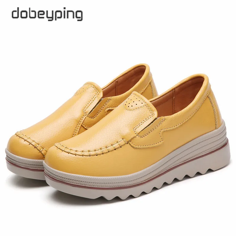 LeatherYellow Осень Женские туфли-лодочки обувь кроссовки на танкетке Мокасины Повседневное женская обувь с толстой мягкой подошвой слипоны Туфли без каблуков из натуральной кожи; женские лоферы - Цвет: LeatherYellow