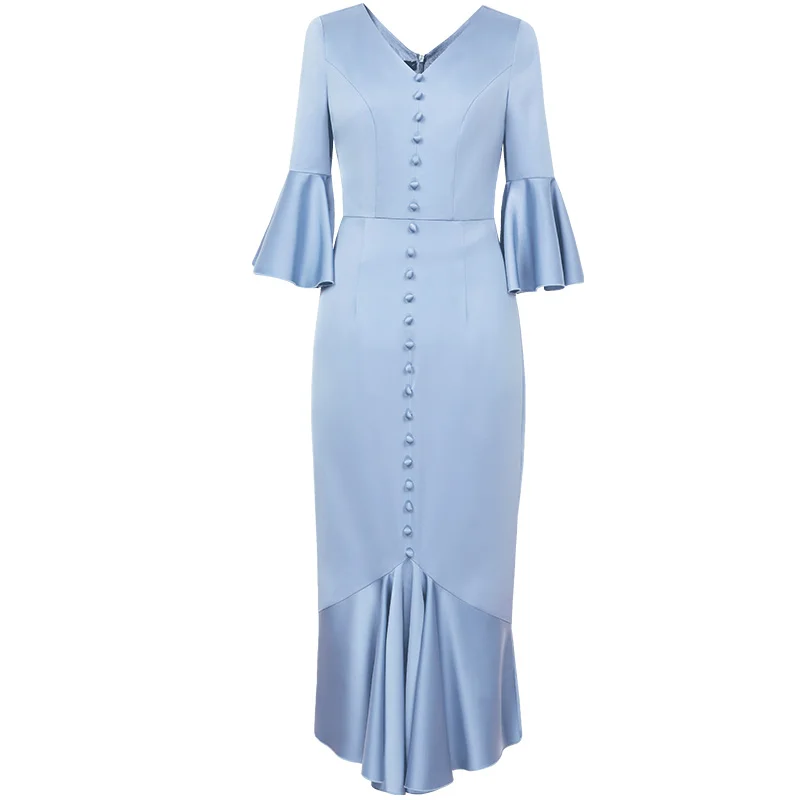 

2021 Luxury Dress Summer Party Event Women V-Neck Vintage Buttons Front Flare Sleeve Mid-Calf Length Blue Sexy Mermaid Dress 3XL