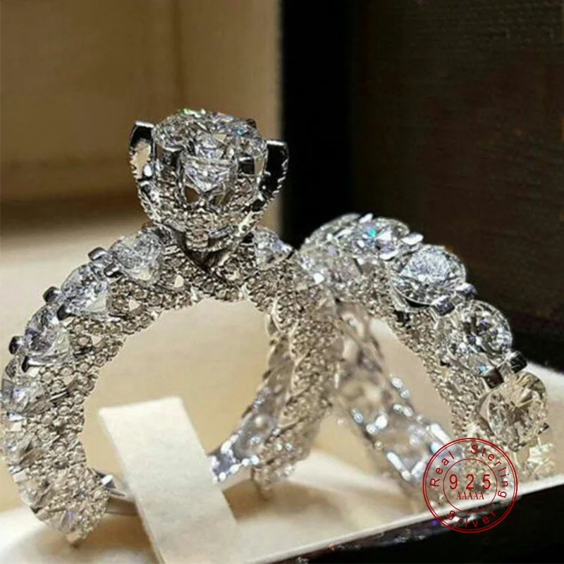 2pcs/lot Silver Double Rings Set Shiny Cubiz Zircon Stone Ring For Women Romantic Lovers Engagement Anniversary Wedding Jewelry | Украшения