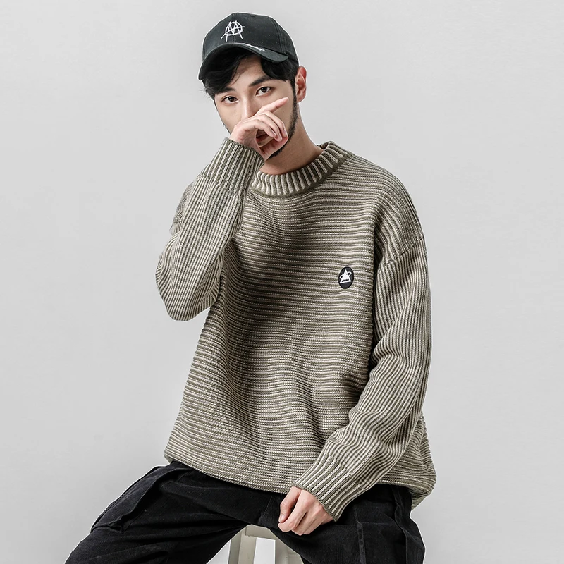 Winter Thick Warm Sweater Men Turtleneck Irregular Stripe Sweaters Loose Fit Pullover Sueter Hombre Knitwear Black Long Sleeve | Мужская