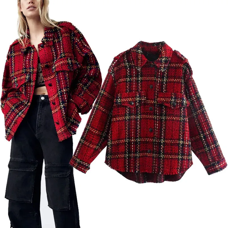 

Za Womens Autumn Red Textured Jacket Long Sleeve Lapel Collar Plus Size Loose Coat Vintage Fray Hem Jackets Chic Woman Outerwear