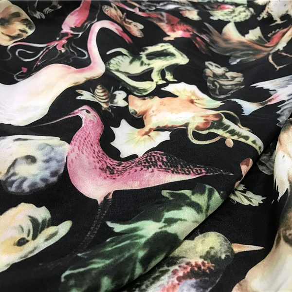 Шелковая крепдешиновая ткань с принтом животных и птиц 100% шелковое платье модная