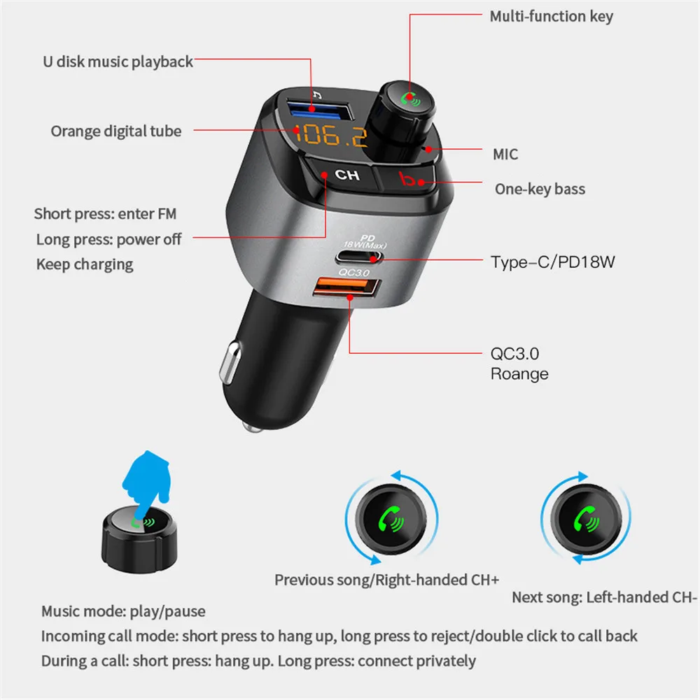 QC3.0 PD 18W Bluetooth 5.0 FM Transmitter Car Player Kit CardDual USB Charger Quick With Digital Voltmeter Type C | Автомобили и