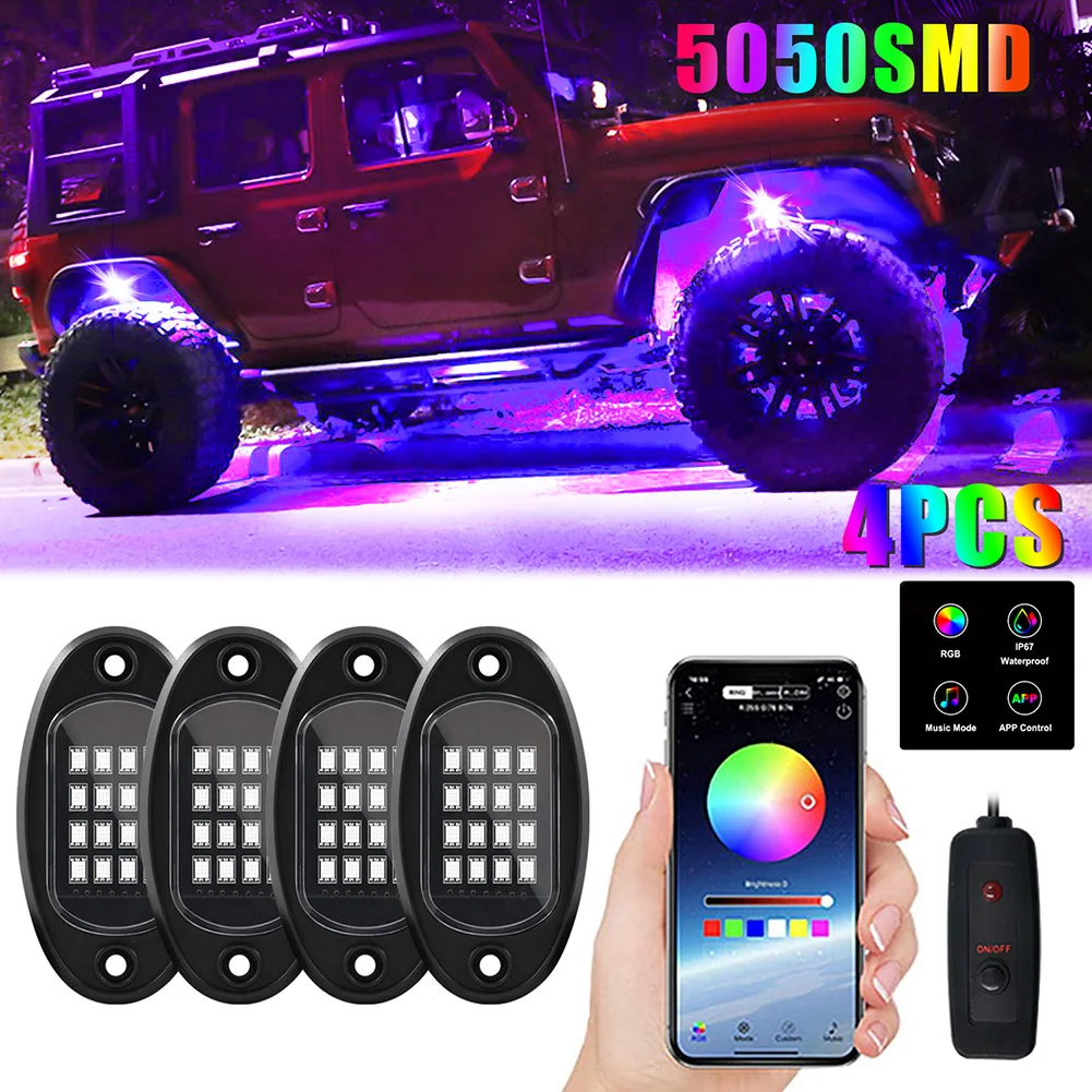 

Waterproof Car Underglow RGB LED Rock Lights IP67 Waterproof Chassis Decorative Music Lamps Car Accessories