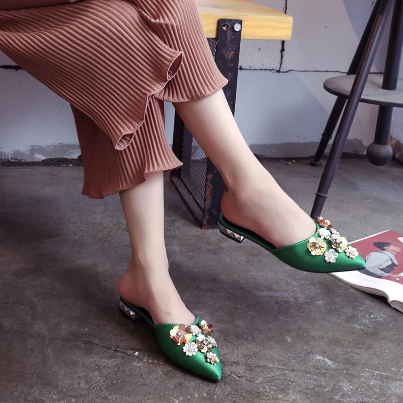 Женские шлепанцы с блестками шелковые туфли без задника цветочным принтом